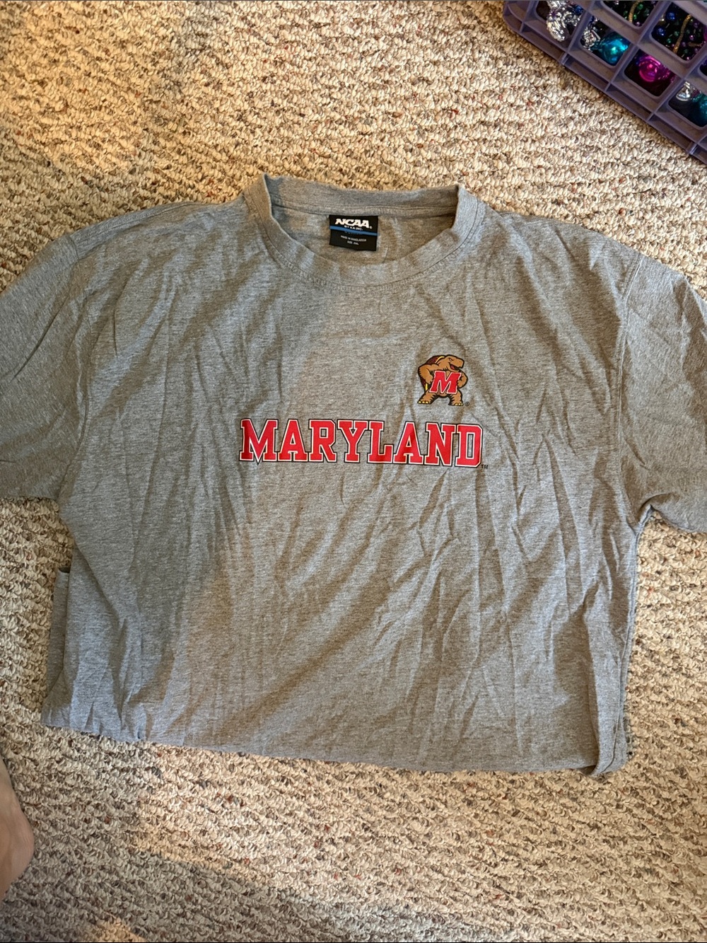 NCAA Maryland Gray Tee with Red Lettering and Gold Mascot
